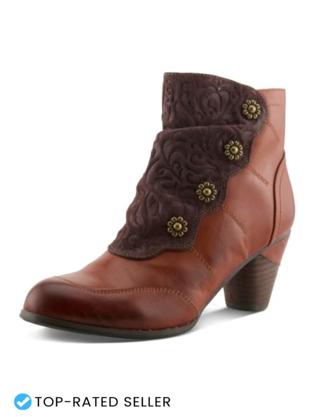 Women's Leather Ankle Bootie Embellished Stacked Heel Zip Closur